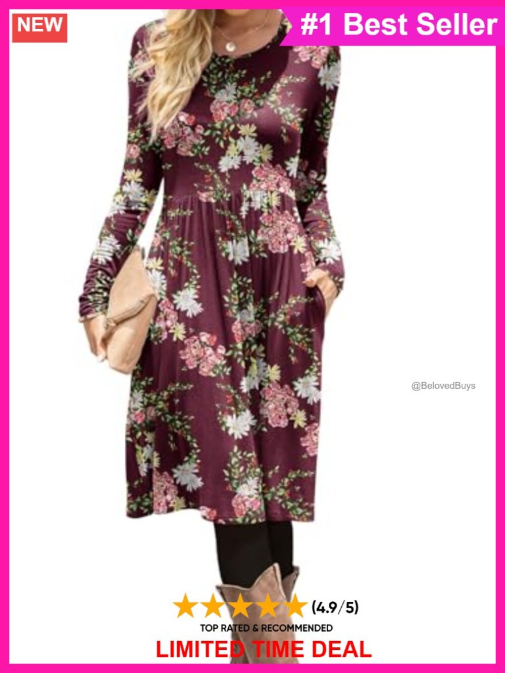 Women's Casual Long Sleeve Dress with Pockets Knee Length A-Line